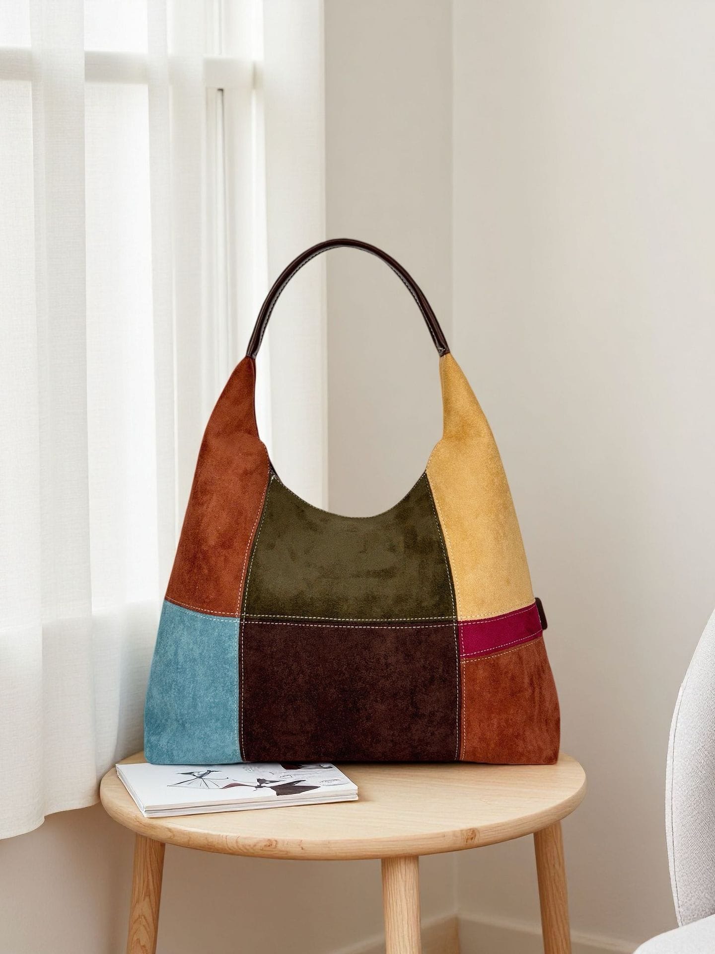 Color-blocked velvet tote bag