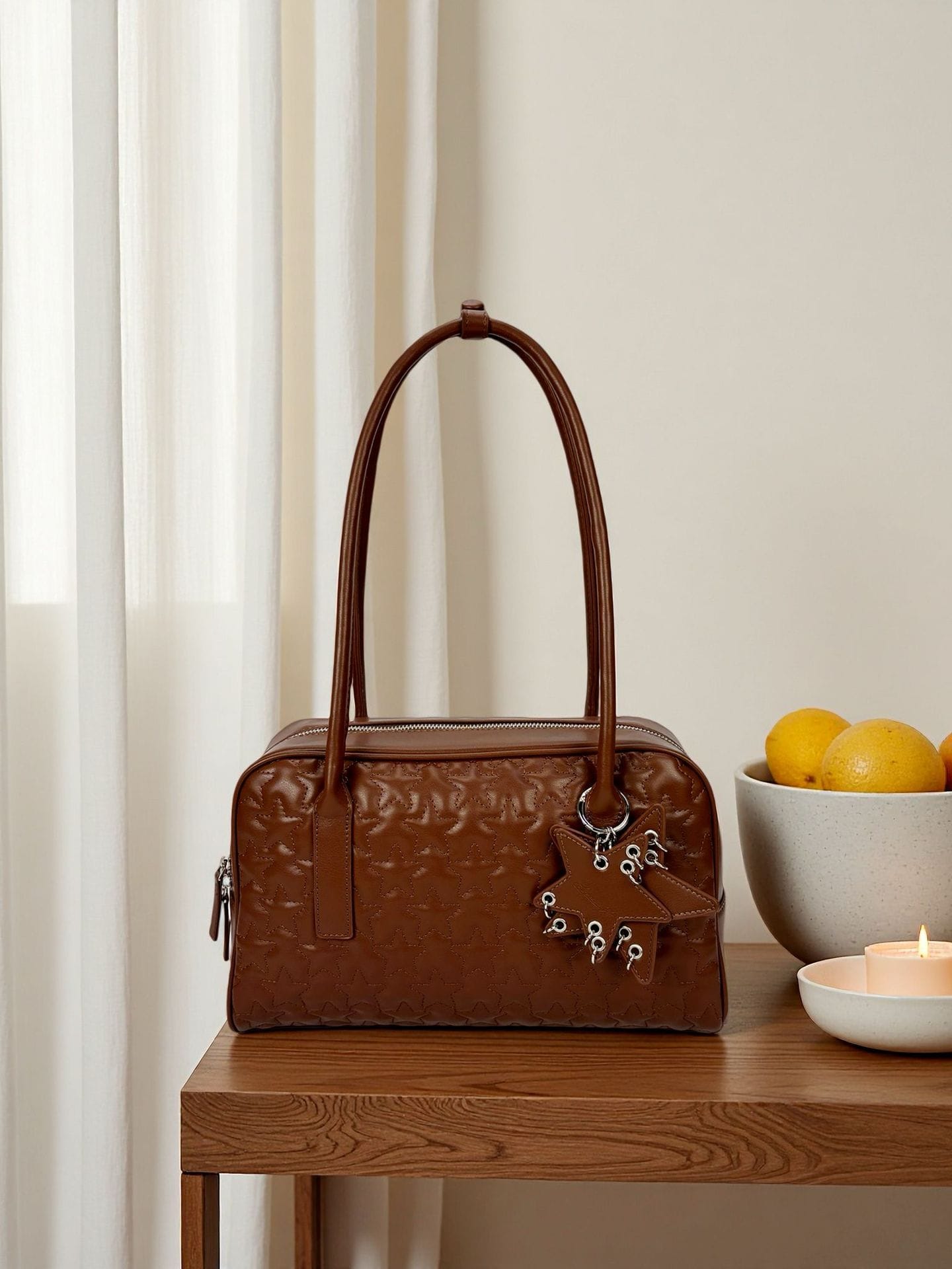 Star-embroidered diamond pattern bag